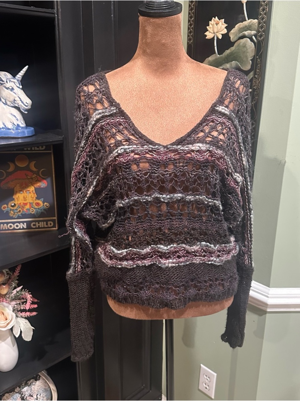 Free People Boho Mixed‑Material Woven Knit Sweater – Size Medium